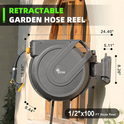 Retractable Garden Hose Reel 5/8 in x100 ft, Heavy Duty Wall Mounted Hose Reel with 10- Function Sprayer Nozzle, Any Length Lock/Automatic Slow Return System,180° Swivel Bracket