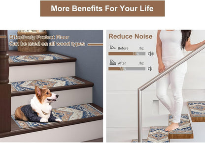 OJIA Non-Slip Carpet Stair Treads for Wooden Steps Set of 15, 30''X8'' Indoor Runner Resistant Rugs Rubber Safety Mats for Dogs, Kids & Elders, Stairway Grip