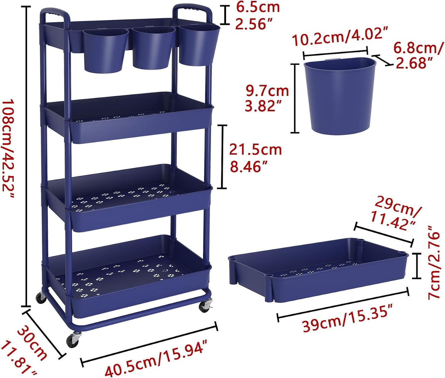JIUYOTREE 4-Tier Plastic Rolling Storage Cart Utility Cart with Extra Hanging Cups Handles Lockable Wheels for Living Room Bathroom Kitchen Office White