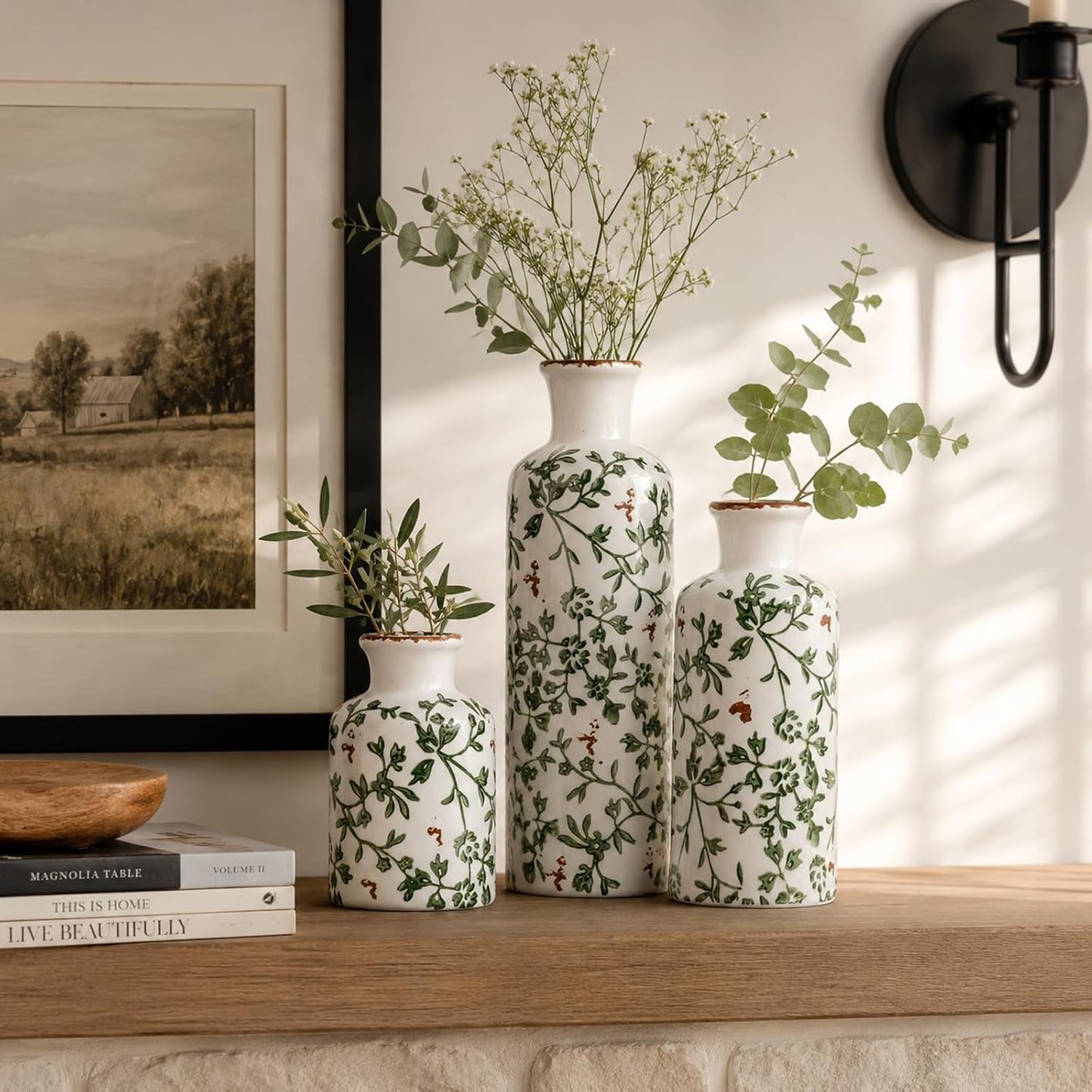 Ceramic Vase Set of 3 – Small Flower Vases, Modern Farmhouse Boho Flower Vases for Home Decor, Rustic Pottery Vases for Centerpieces, Living Room, Shelf, Fireplace, Entryway Decor, Table or Cabinet