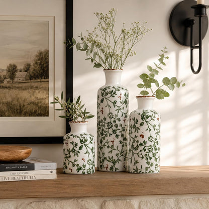 Ceramic Vase Set of 3 – Small Flower Vases, Modern Farmhouse Boho Flower Vases for Home Decor, Rustic Pottery Vases for Centerpieces, Living Room, Shelf, Fireplace, Entryway Decor, Table or Cabinet