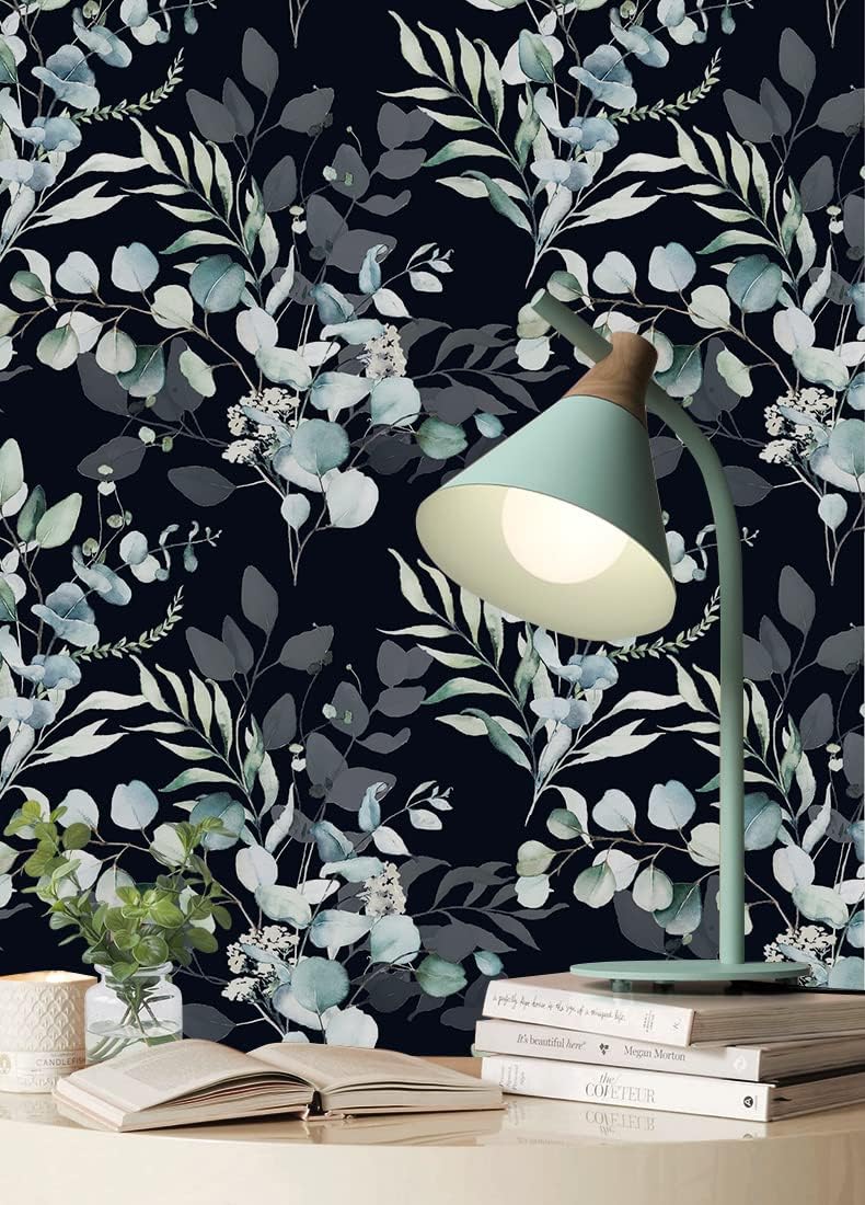 HAOKHOME Peel and Stick Wallpaper Boho Green/White Botanical Leaf Floral Wall Mural Home Nursery Decor Renter Friendly Wallpaper 17.3in x 9.8ft