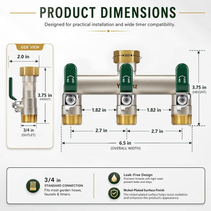 Garden Hose Splitter 3-Way, Heavy Duty Brass Hose Splitter | Outdoor Water Spigot Splitter, Full Flow, Long Handles, Shut-off Valves, Wide Spacing Fit Large Timer
