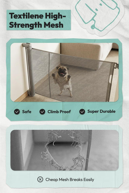 15.7" H Mesh Short Dog Gate, Extends Up to 59" W Retractable Pet Gate with Drill Installation, Small Dog Gate for Stairs, Easy Step Over Low Puppy Gate for Doorways Indoor Outdoor, White