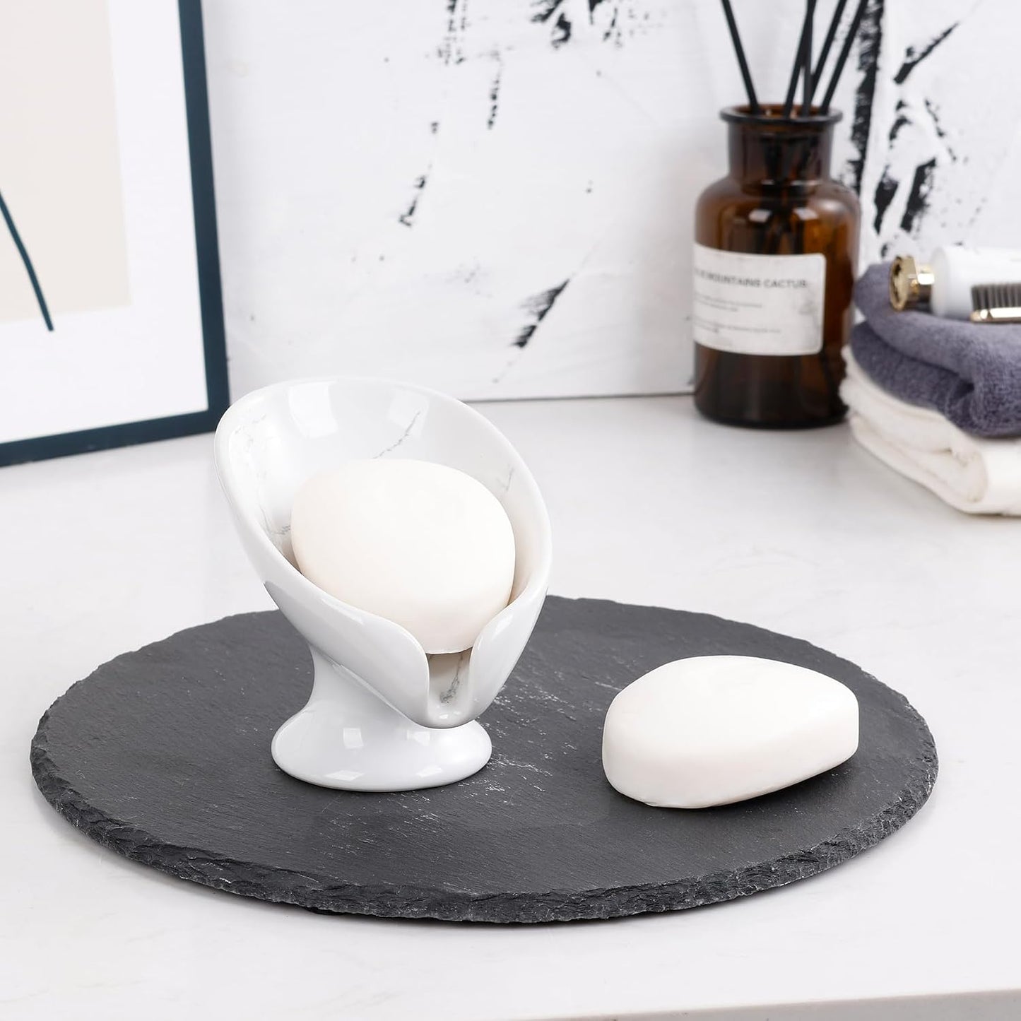Small Soap Dish, Self Draining Bar Soap Holder for Bathroom Sink, Leaf Shaped Drainage Ceramic with Marble-Pattern Finish, Decorative Soap Dish, No Suction Cup, ANTIS'S HOME