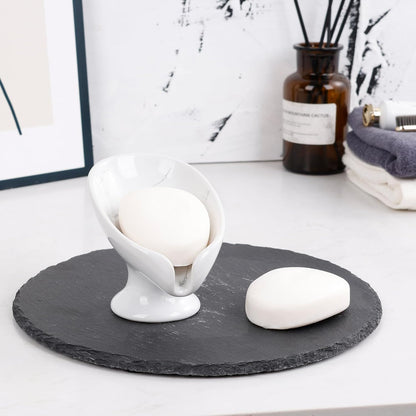 Small Soap Dish, Self Draining Bar Soap Holder for Bathroom Sink, Leaf Shaped Drainage Ceramic with Marble-Pattern Finish, Decorative Soap Dish, No Suction Cup, ANTIS'S HOME