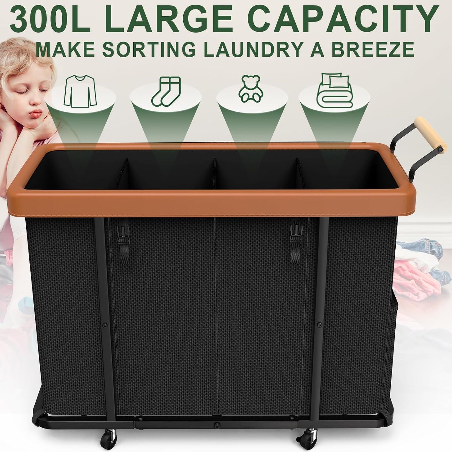 230L (60 Gal) Extra Large Fashion Laundry Sorter 3 Section with Lid, Rolling Laundry Basket Hamper with Handle, Laundry Organizer Storage Cart with Sturdy Metal Frame for Laundry Room, Hotel, White