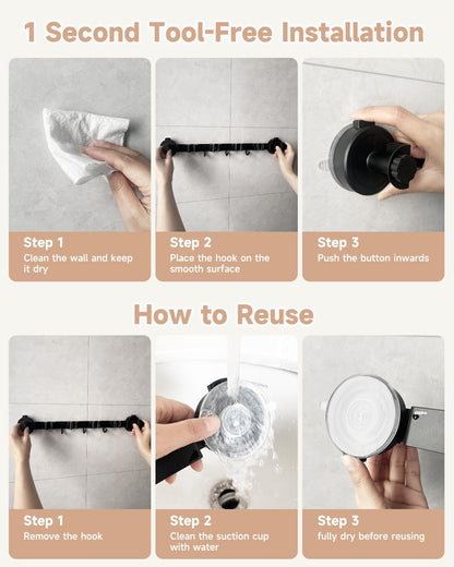2026 Upgrade Broom Holder Wall Mount with Suction Cup, Broom and Mop Organizer Wall Hanging with 4 Racks & 3 Hooks, Removable and Reusable, Mop and Broom Hanger for Home Kitchen Laundry