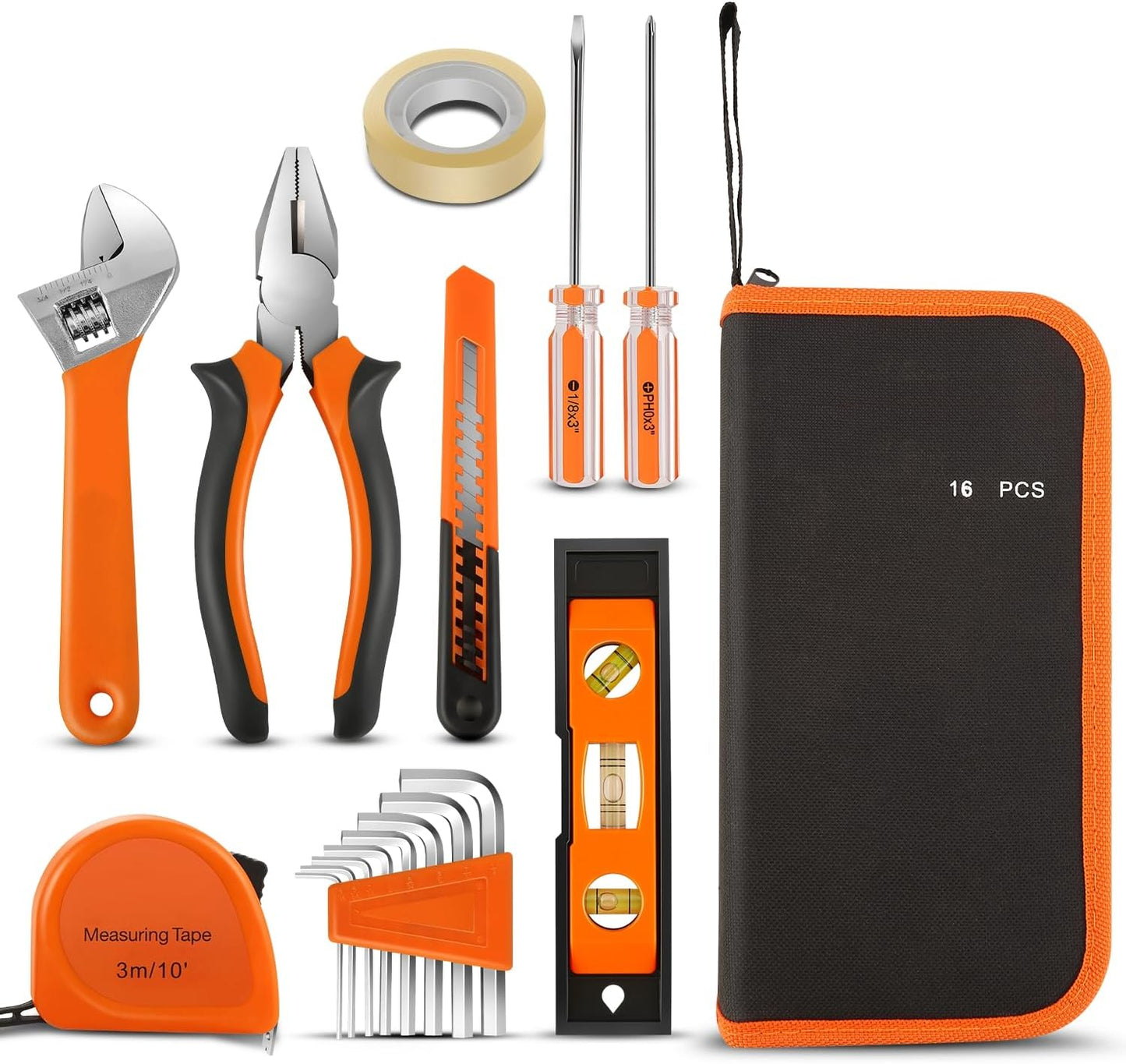 Auto Dynasty Tool Kit for Home 16-Pieces, Basic Household Hand Tool Sets with Hex Key Screwdriver and Adjustable Wrench, All in One Storage Bag for Garage, Home Maintenance, Auto Repair (Orange)