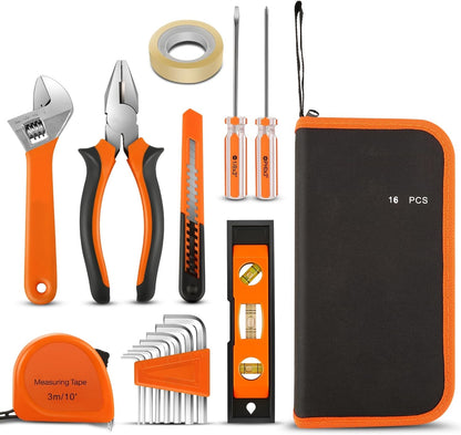 Auto Dynasty Tool Kit for Home 16-Pieces, Basic Household Hand Tool Sets with Hex Key Screwdriver and Adjustable Wrench, All in One Storage Bag for Garage, Home Maintenance, Auto Repair (Orange)