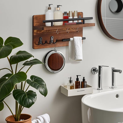 Wooden Key and Mail Holder Wall Mount with 5 Hooks for Entryway Decor | Hold keys&mail,Solid natural wood,Sturdy metal hooks,Easy wall mount,Rustic farmhouse decor