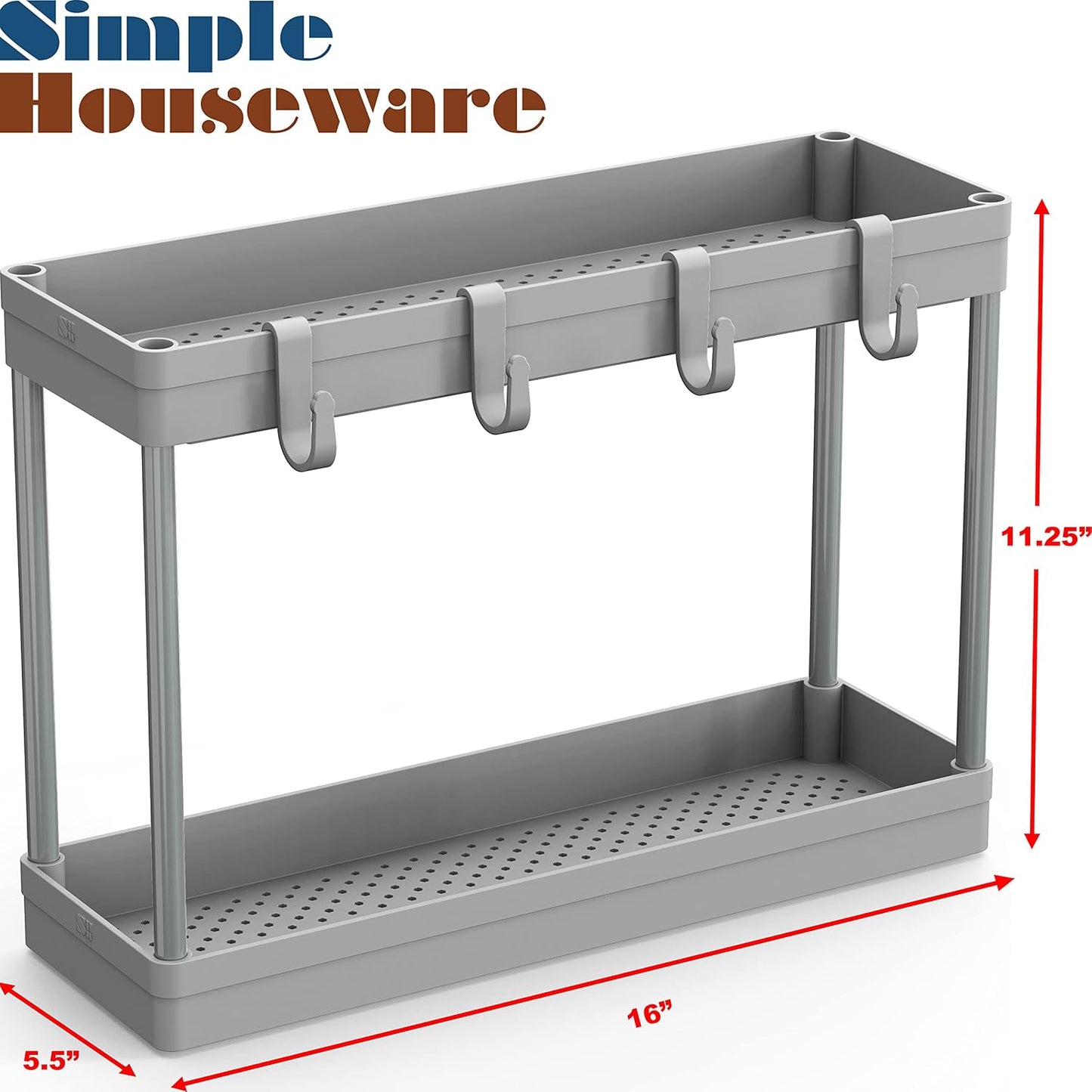 Simple Houseware 2-Tier Under Sink Organizer Storage Tray with Hooks, White