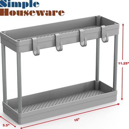 Simple Houseware 2-Tier Under Sink Organizer Storage Tray with Hooks, White
