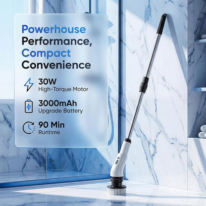 Electric Spin Scrubber, Cordless Power Scrubber for Bathroom/Shower/Tub/Tile & Grout, 9 Brush Heads, Dual-Speed, Adjustable Extension Handle, IPX7 Waterproof, USB-C Rechargeable Cleaning Tool (White)