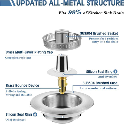 Sink Drain Strainer 3 in 1, 304 Stainless Steel Pop Up Kitchen Sink Stopper with Anti-Clogging Basket, Kitchen Essential Drain Anti-Clog Gadgets, Fits US Standard 3-1/2'' Sink Drain (SUS 304 Brushed)