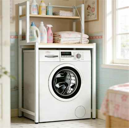 Over The Washer Storage Shelf, Space-Saving Laundry Organizer, Sturdy Metal Frame with Natural Wood Shelves, No Drilling, Ideal for Laundry Room, Bathroom, Balcony(White,3-T)