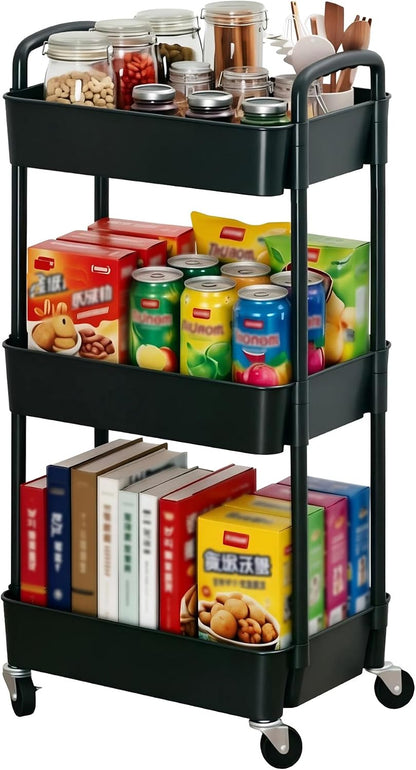 Sywhitta 4-Tier Plastic Rolling Utility Cart with Handle, Multi-Functional Storage Trolley for Office, Living Room, Kitchen, Movable Storage Organizer with Wheels, Black