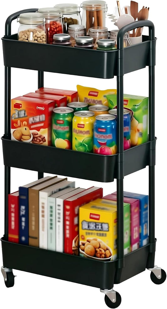 Sywhitta 4-Tier Plastic Rolling Utility Cart with Handle, Multi-Functional Storage Trolley for Office, Living Room, Kitchen, Movable Storage Organizer with Wheels, Black