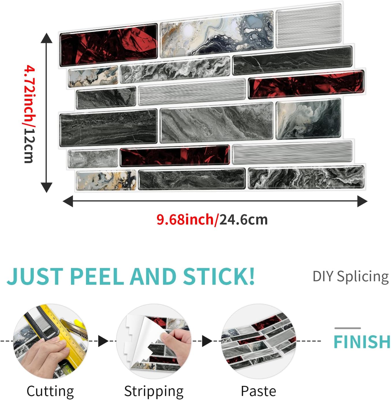 36 Sheets of Self Adhesive Marble Tile Wall Tiles Vinyl Sticker | 9.68 x 4.72in Water Resistant, Easy to Stick and Peel off, Suitable for DIY Decoration on Ceilings and Walls (Black)