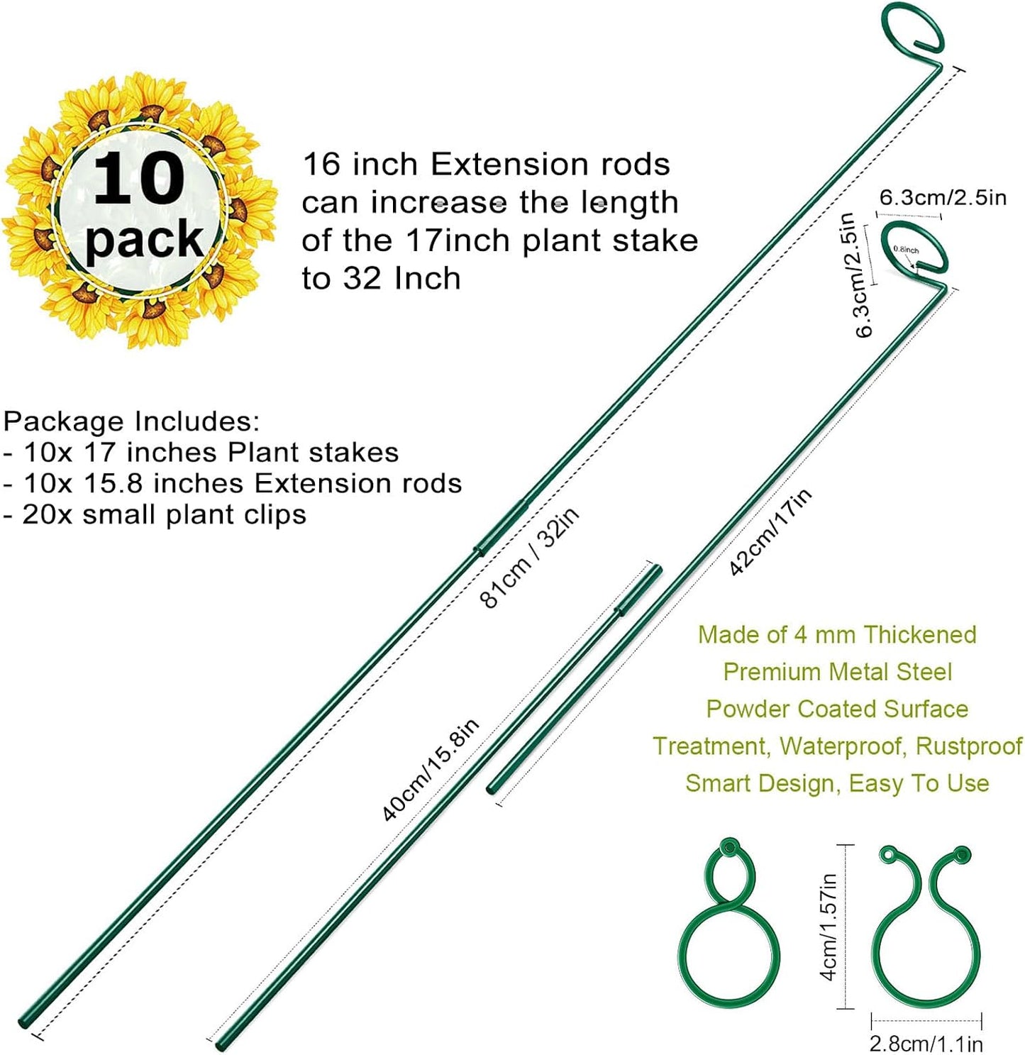HiGift 17 inch Plant Support Stakes, 4mm Thick Garden Single Stem Flower Support Stake Amaryllis Plant Cage Support Rings with 10 pcs Plant Clips for Tomato Orchid Lily Peony Rose Flower Stem-5 Pack