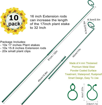 HiGift 17 inch Plant Support Stakes, 4mm Thick Garden Single Stem Flower Support Stake Amaryllis Plant Cage Support Rings with 10 pcs Plant Clips for Tomato Orchid Lily Peony Rose Flower Stem-5 Pack