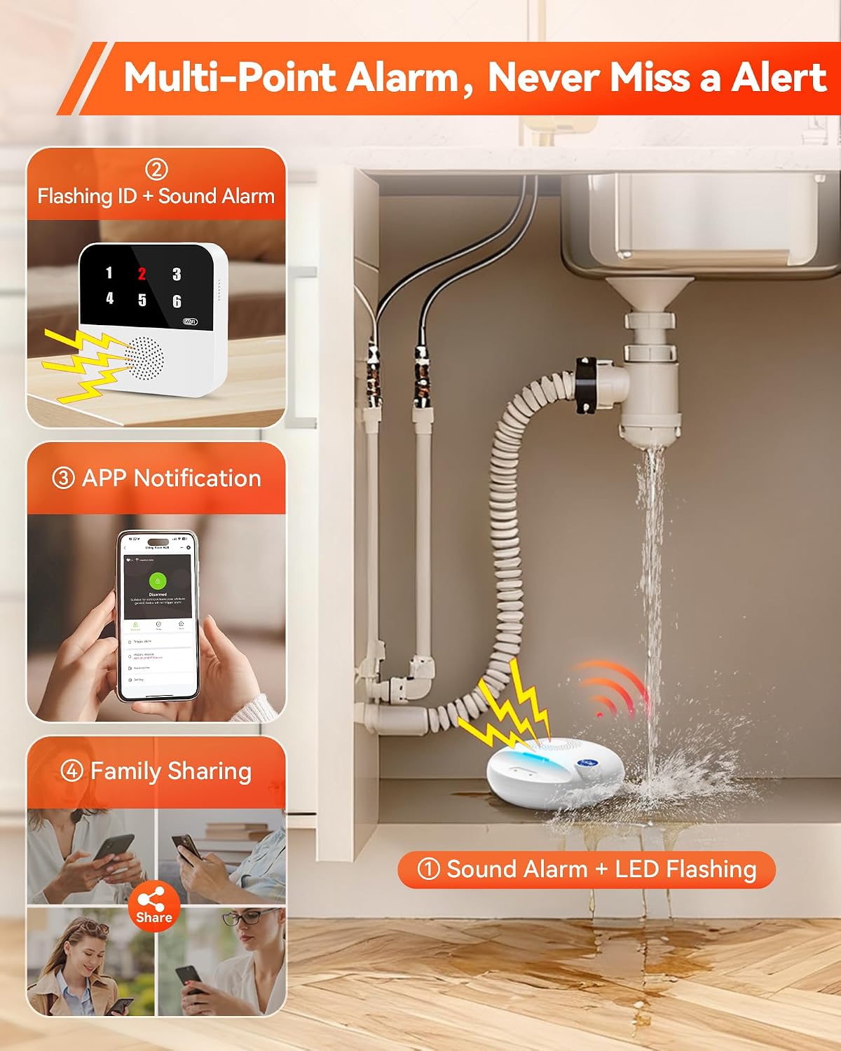 PILSAMAS Wireless Water Leak Detector, Loud Siren Water Sensor Alarm, IP67 | Top and bottom dual metal probes, Rustproof ABS plastic, Real-time drip and flood detection, Great for under sink or basement