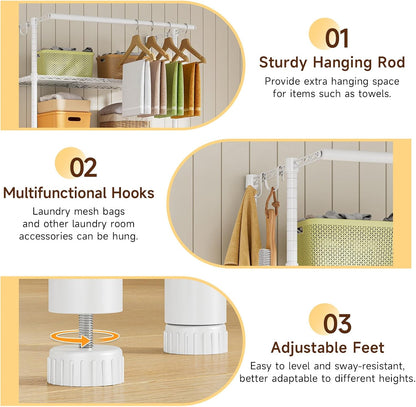 ONBRILL Expandable Over Washer and Dryer Shelves, 3 Tiers Laundry Room Organization and Storage with Hanger Rod, 4 Hooks, Adjustable Height Metal Freestanding Clothes Drying Rack, White