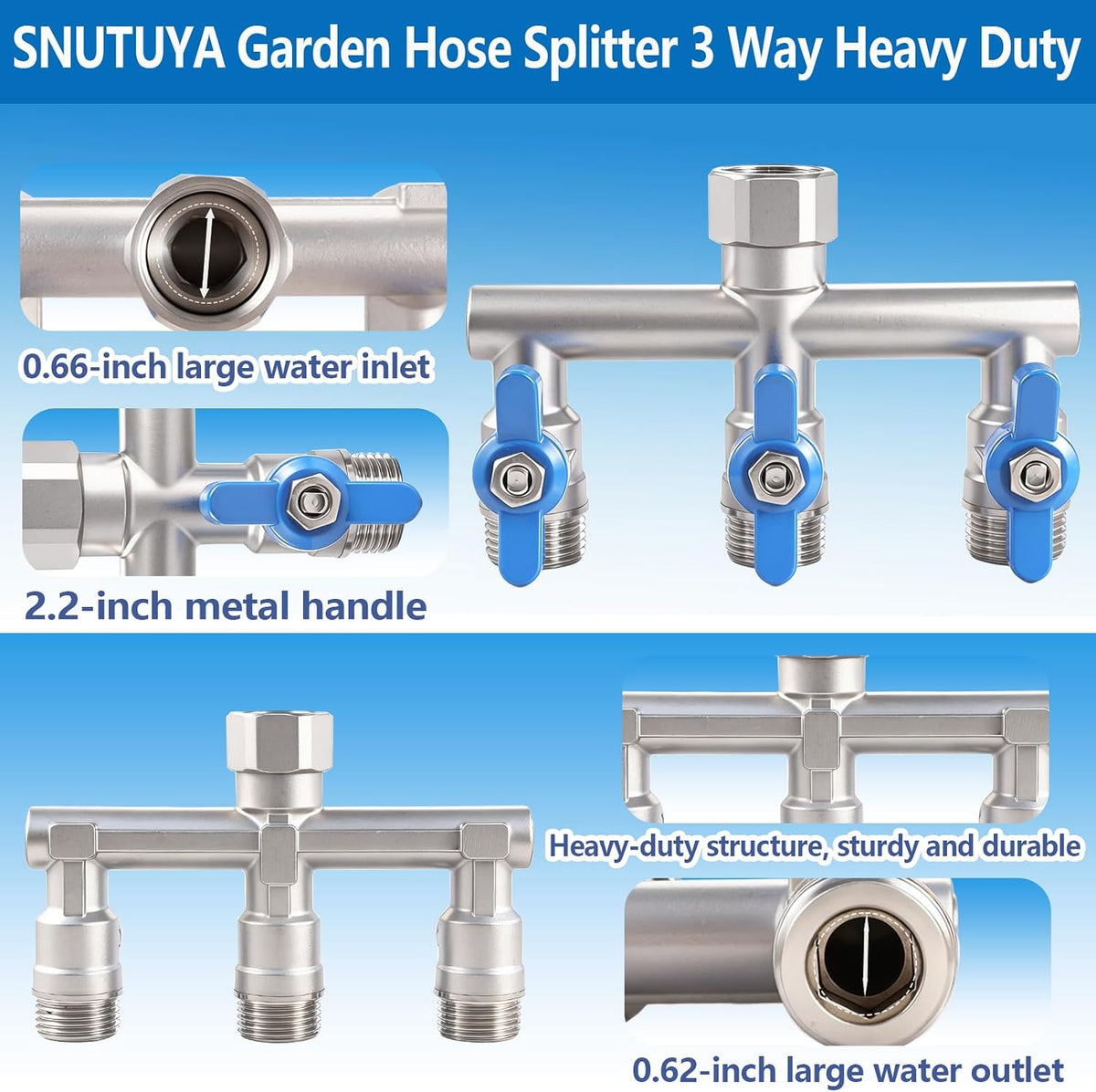 304 Stainless Steel Garden Hose Splitter 4 Way Heavy Duty, Full Flow T Valve Water Hose Splitter With 2.1" Extra Long Handle, Lead-free，3/4" GHT Thread Connector For Outdoor Spigot Faucet