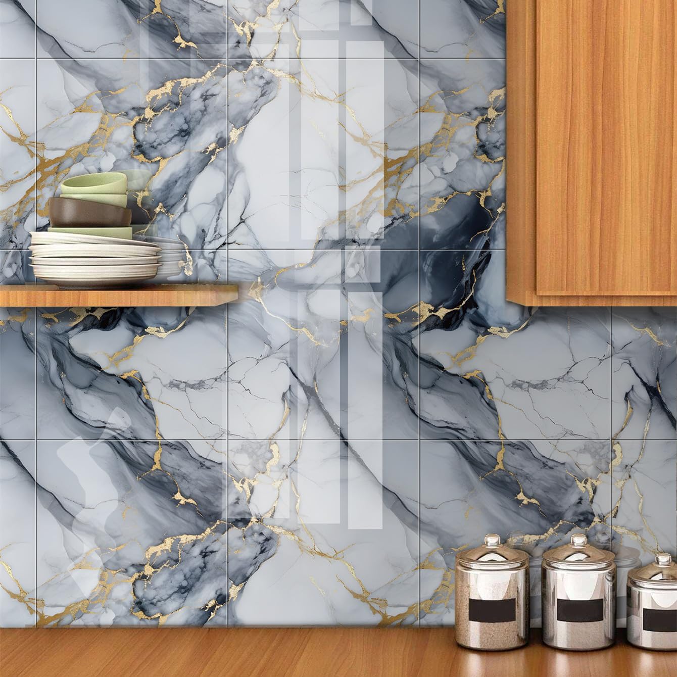 Chejiaye 10pcs Marble Peel and Stick Backsplash Waterproof Washroom Wall Panels, Peel and Stick Tile, PVC Foam Wall Panels for Kitchen,Bathroom,Living Room,Blue and Gold(Not Real Tile,11.8" x 11.8")