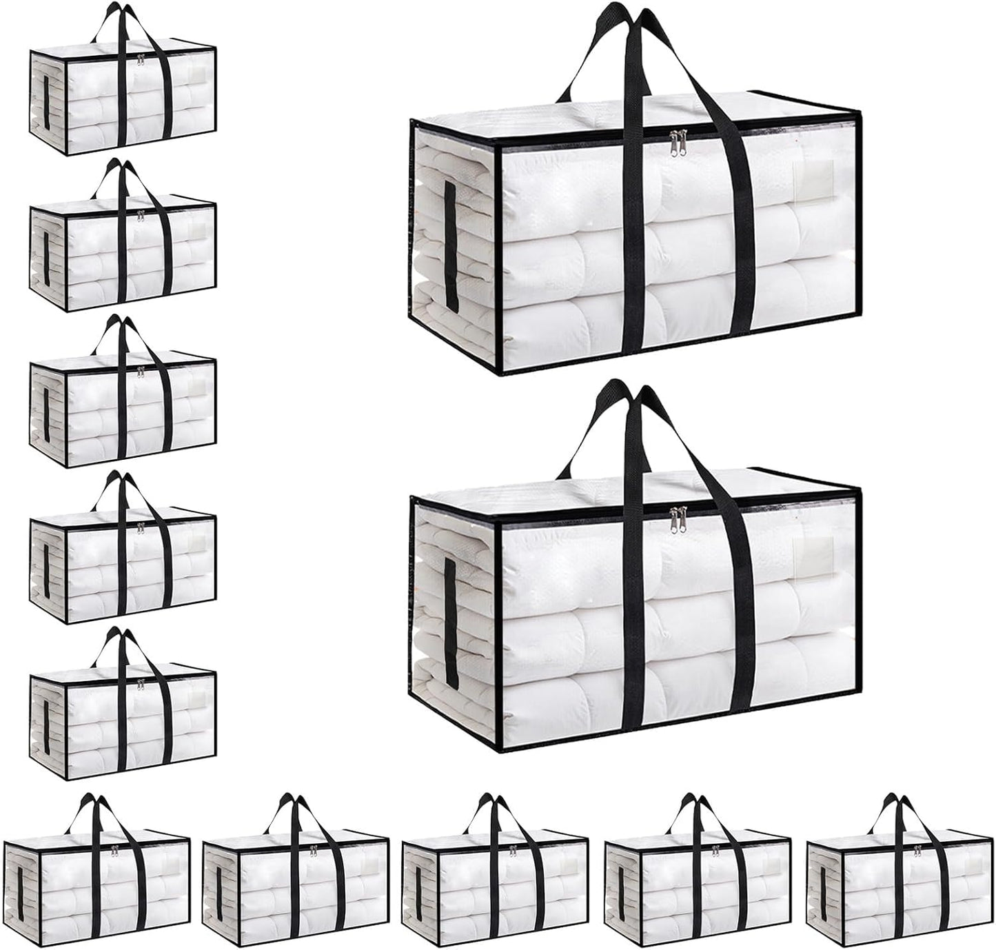 8 Pack-Extra Large Heavy Duty Moving Bags - Waterproof Storage Totes with Handles & Zippers, Foldable for College Dorm, Storage (Clear)