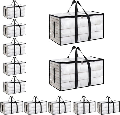 8 Pack-Extra Large Heavy Duty Moving Bags - Waterproof Storage Totes with Handles & Zippers, Foldable for College Dorm, Storage (Clear)