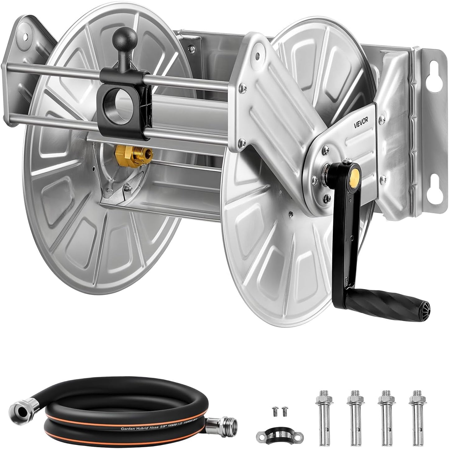 VEVOR Wall Mounted Garden Hose Reel, Holds 125 ft 5/8-inch Hose, Heavy-Duty Water Hose Winder, Space-Saving Design, Outdoor Manual Reel with Brass Fitting and Storage Basket for Yard Lawn