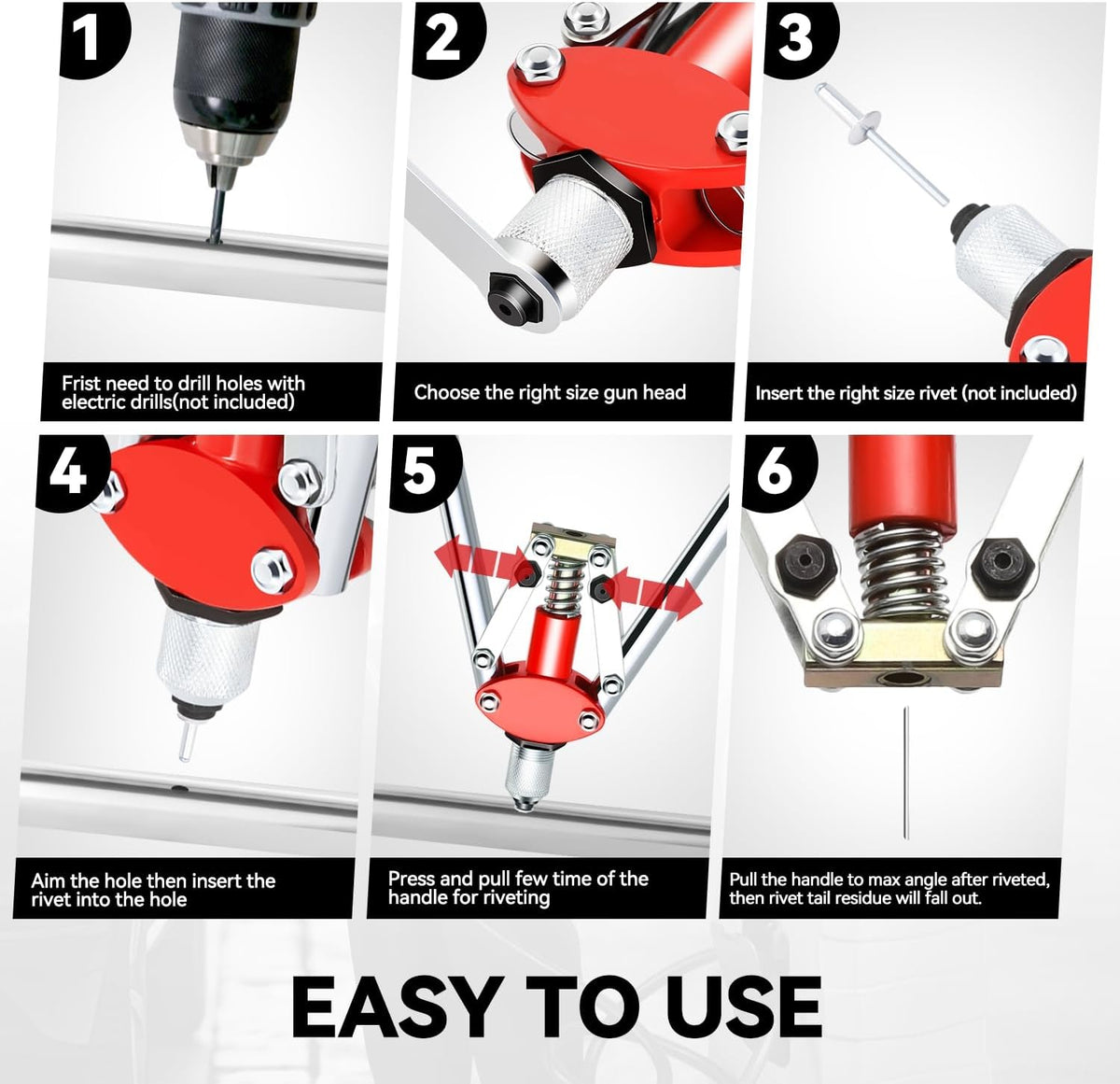 Auto Dynasty 21" Hand Riveter Rivet Nut Tool Set with 5 Guide Nozzle Silver Repair Hand Tool Kit Set for Home Household Office Warehouse