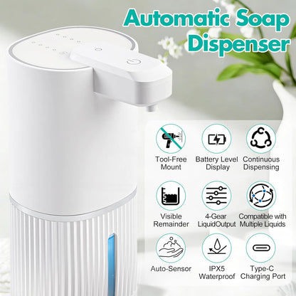 Automatic Soap Dispenser, Foaming Soap Dispenser Touchless with Continuous Dispensing, 4-Level Adjustable, Rechargeable Hand Soap Dispensers, Wall Mounted or Countertop for Bathroom & Kitchen