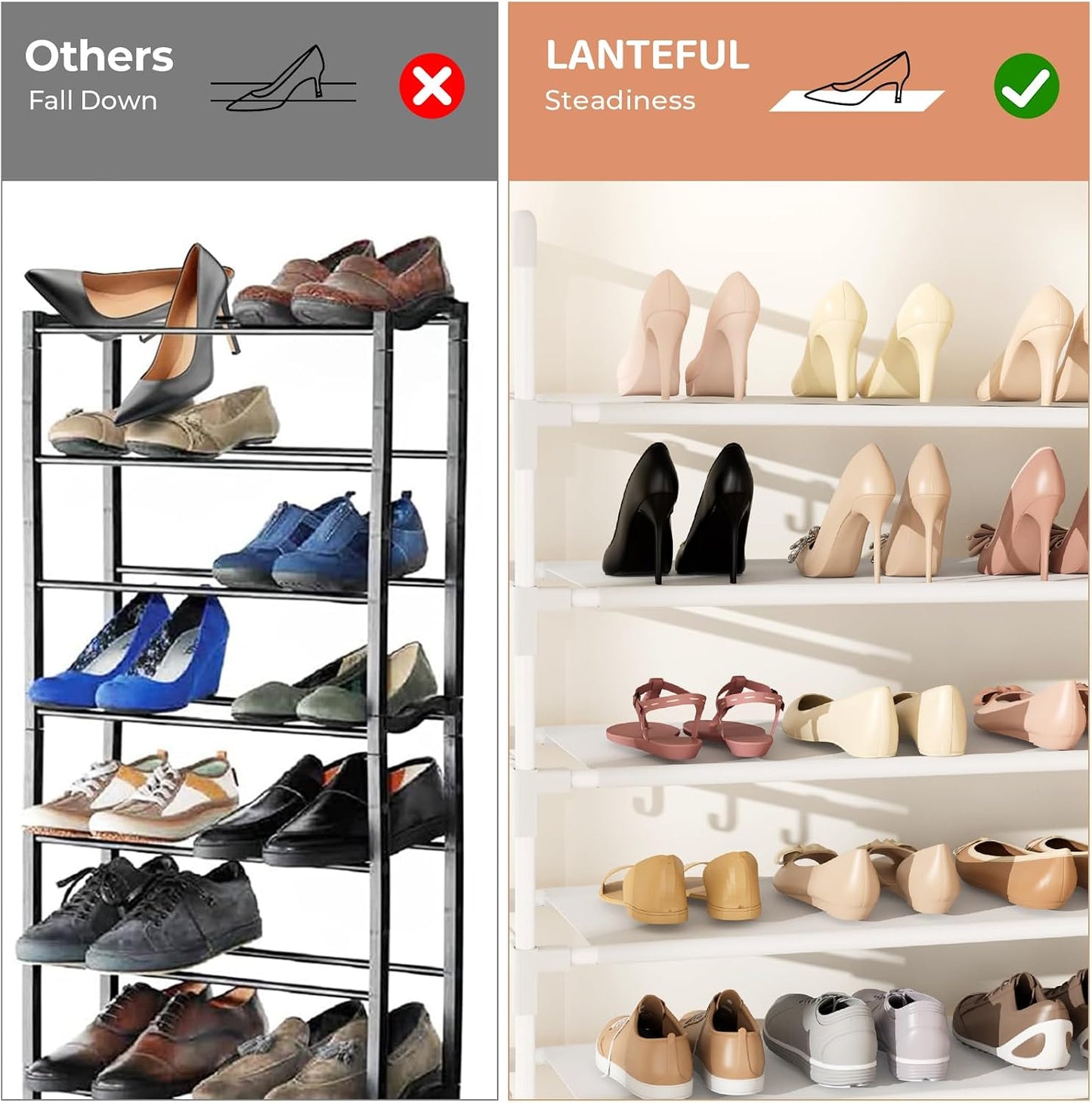 LANTEFUL 10 Tiers Tall Shoe Rack 20-25 Pairs Boots Organizer Storage Sturdy Narrow Shoe Shelf for Entryway, Closets with Hooks, Black