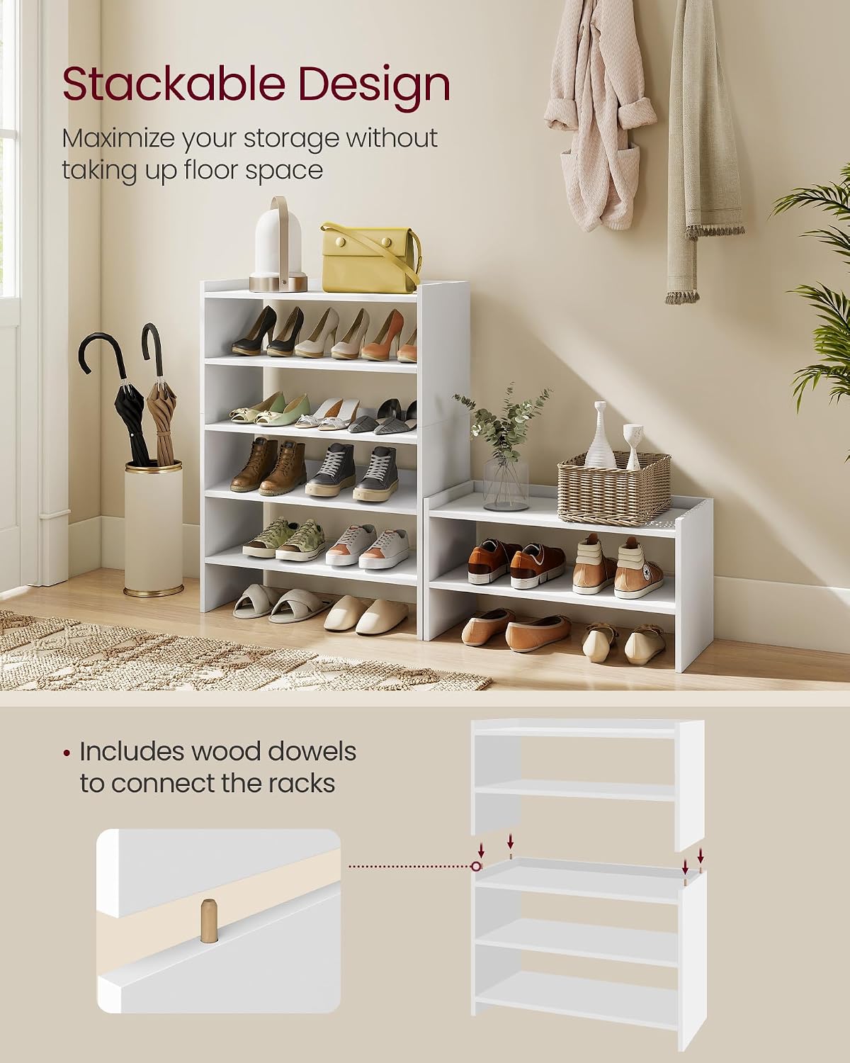 VASAGLE CUSTOS Collection - Shoe Rack for Closet, Stackable Shoe Organizer Shelf for Entryway, 2 Tiers, 11.7 x 24.4 x 14.2 Inches, White ULBS062WZ01S