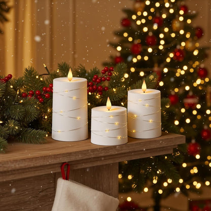 Raycare Flameless Candles with Remote Timer, Flickering Battery Operated LED Pillar Fake Candle with String Lights for Home Decor, Christmas, Wedding and Gift, White, Set of 3