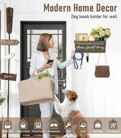 buways Key Holder Wall Mount with 4 Double Hooks-Solid Wood Wall-Mounted Organizer for Keys&Mail Rustic Key Rack Hanger Holder Home Decor for Entryway Living Room (Gray)