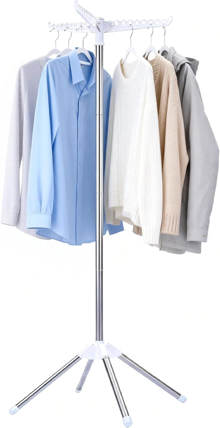 Beaudaily Clothes Drying Rack, Foldable 79.5-Inch Laundry Drying Rack,3 Tie, with Rotatable Arms, Stainless Steel, Holds 27 Clothes,8 Towels and 24 Clips for Hanging Socks, White and Silver