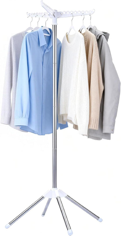 Beaudaily Clothes Drying Rack, Foldable 79.5-Inch Laundry Drying Rack,3 Tie, with Rotatable Arms, Stainless Steel, Holds 27 Clothes,8 Towels and 24 Clips for Hanging Socks, White and Silver
