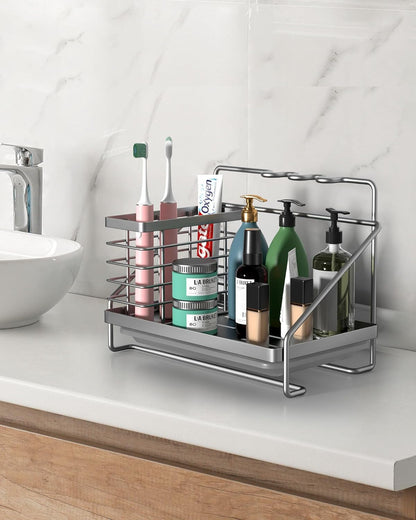 Sponge Holder for Kitchen Sink, Kitchen Sink Caddy Organizer Stainless Steel with Side Baskets, Rustproof and Non-Slip Organizer with Removable Drain Tray for Countertop Storage, Silver