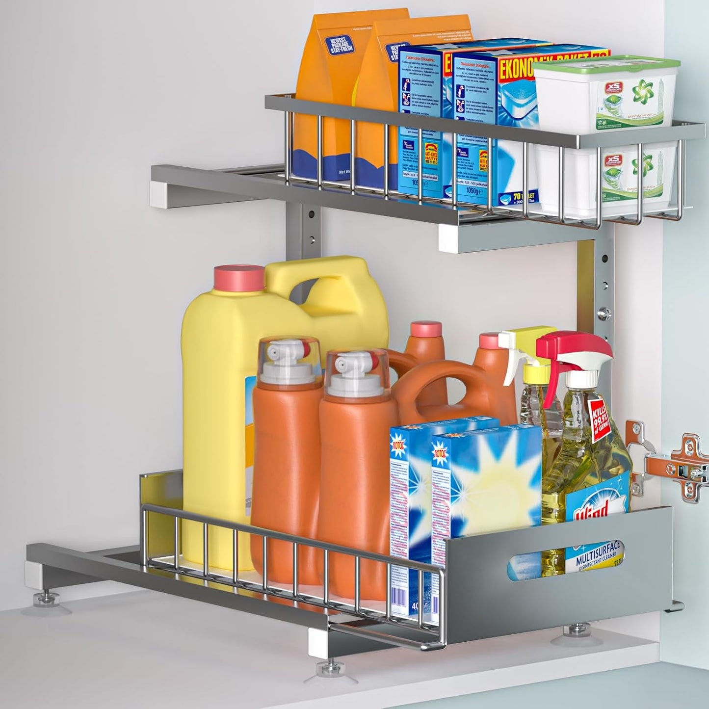Saydear L-Shaped Under Sink Organizer, 2-Tier Pull-out Cabinet Rack 1-Pack | Black Height-Adjustable Metal Rack, Sliding Grid Drawers with Safety Stopper, Holds 100 Lbs, Ideal Kitchen Cabinet Storage