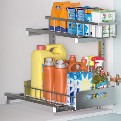 Saydear L-Shaped Under Sink Organizer, 2-Tier Pull-out Cabinet Rack 1-Pack | Black Height-Adjustable Metal Rack, Sliding Grid Drawers with Safety Stopper, Holds 100 Lbs, Ideal Kitchen Cabinet Storage