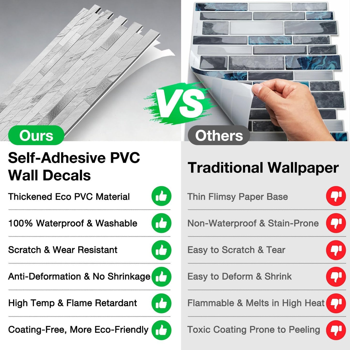 Peel and Stick Backsplash Tile Waterproof Removable PVC Wall Sticker 3D Faux Stone Marble Brick White Accent Panels (White Marble - Metal Silver, 20 Tiles - 9 sq. ft. (0.84 M²))