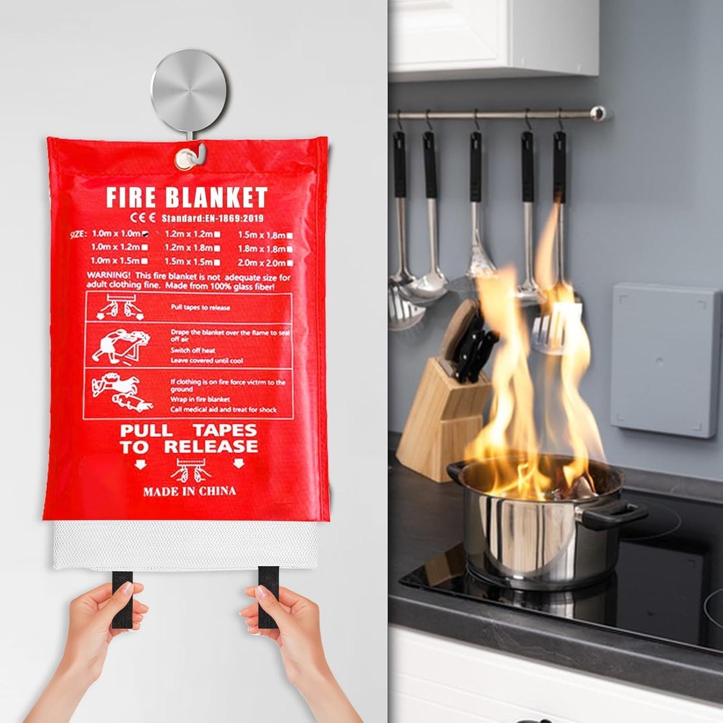 Emergency Fire Blanket - 1 Pack - Fire Suppression Blanket for Kitchen, 40” x 40”, for Home - Fiberglass Fire Extinguisher - Fire Safety & Emergency Supplies - Home Essentials.