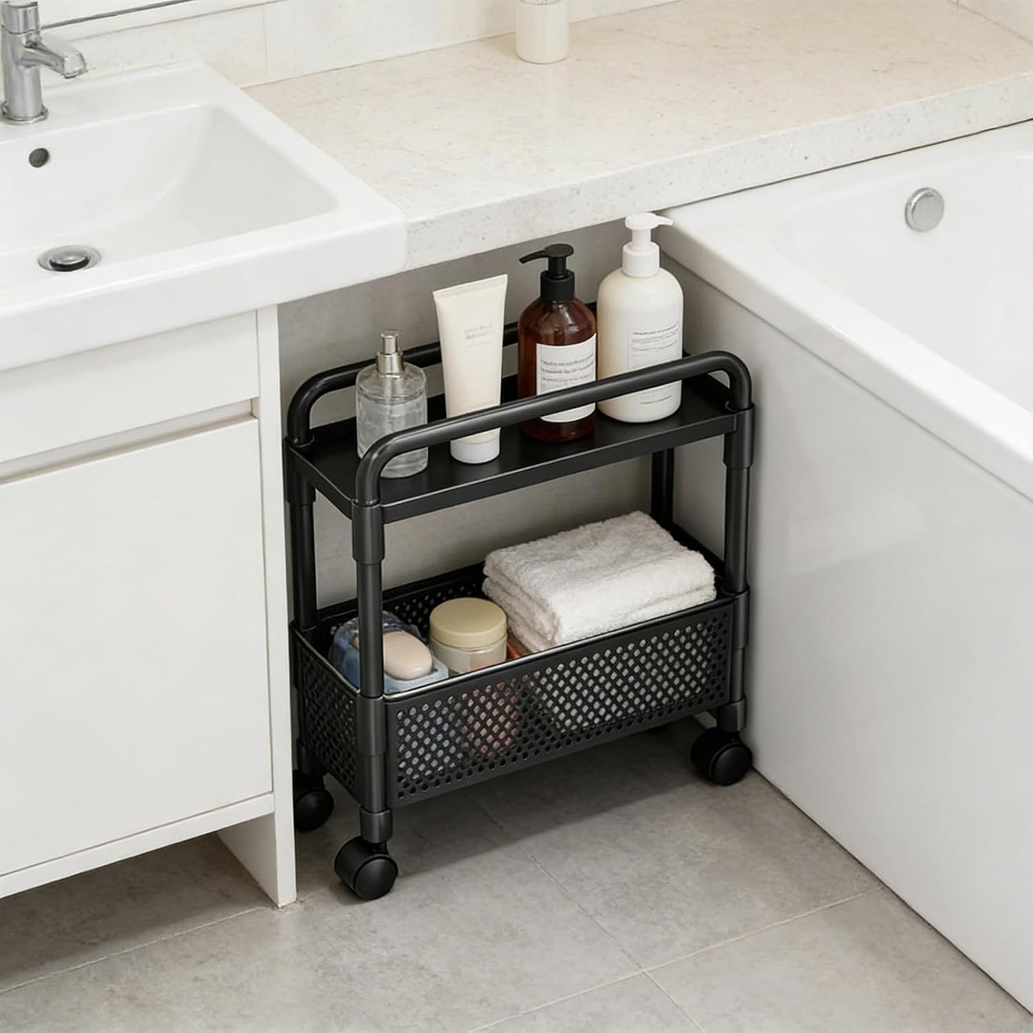 2-Tier Rolling Storage Cart with Wheels, Slim Plastic Organizer Rack for Kitchen, Bedroom, and Bathroom, 15.74x5.12x16.54in (White)