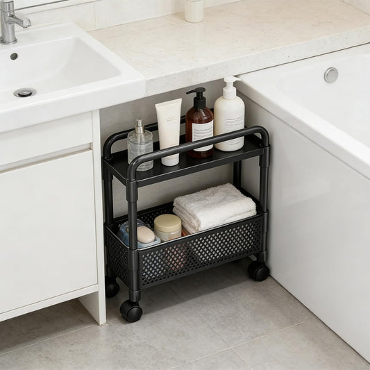 2-Tier Rolling Storage Cart with Wheels, Slim Plastic Organizer Rack for Kitchen, Bedroom, and Bathroom, 15.74x5.12x16.54in (White)