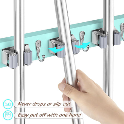 OUTNILI Mop and Broom Holder Wall Mount - Wood Broom Mop Hanger - Wall Mounted Garden Tool Rack Organizer for Closet Garage Laundry Room for Rustic Kitchen Decor With 5 Slots & 4 Hooks