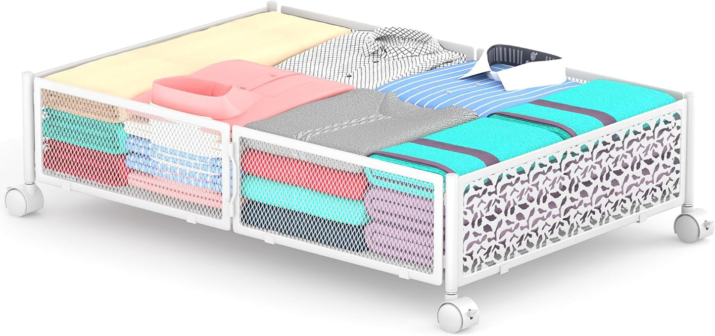 Under Bed Storage With Wheels, 2 Pack Foldable Pattern Carved Metal Under Bed Storage Containers, 60L Rolling Underbed Storage, Easy Assembly Under The Bed Storage for Shoes, Clothes, Blankets...