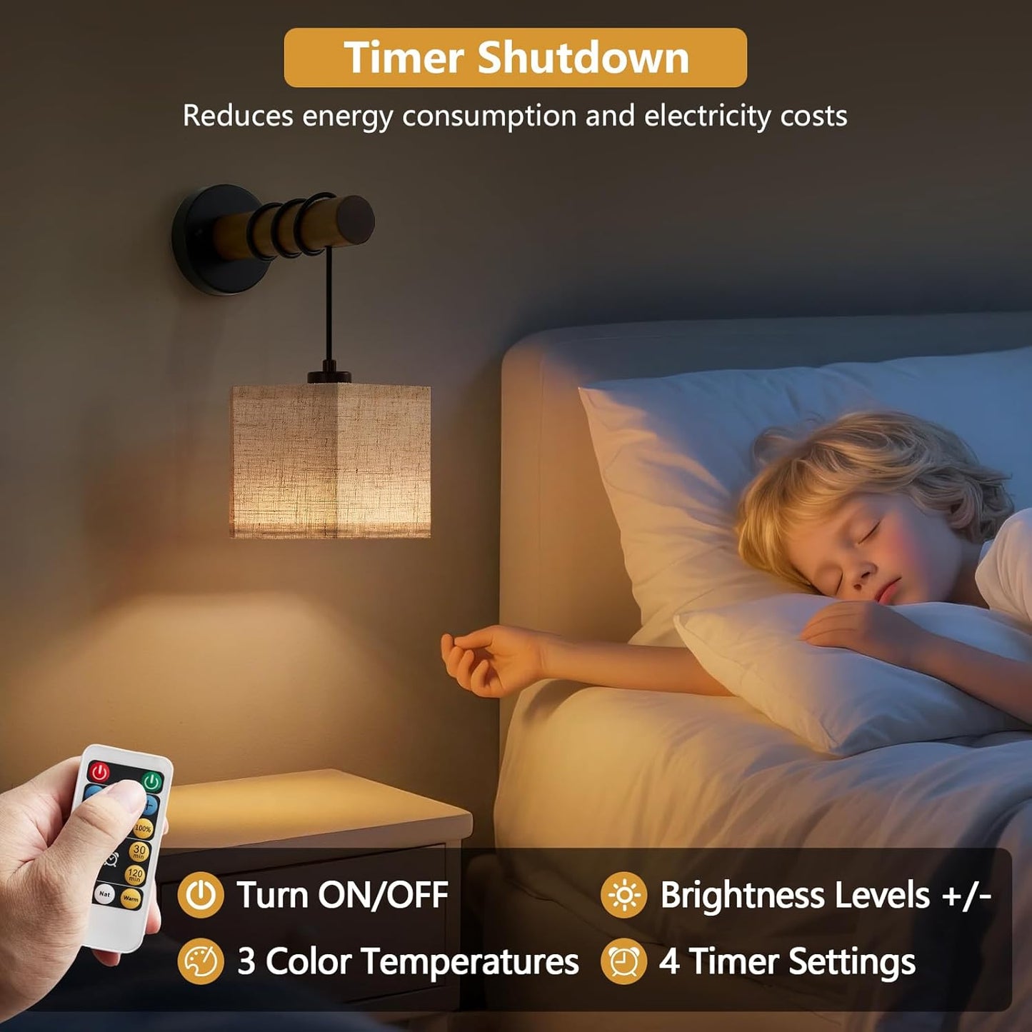 XSDeTu Rechargeable Battery Operated Wall Sconces Set of 2, Modern Battery Powered Wall Light with Wooden Arm & Remote Control, Adjustable 3 Colors Dimmable Wall Lamps for Bedroom, Living Room